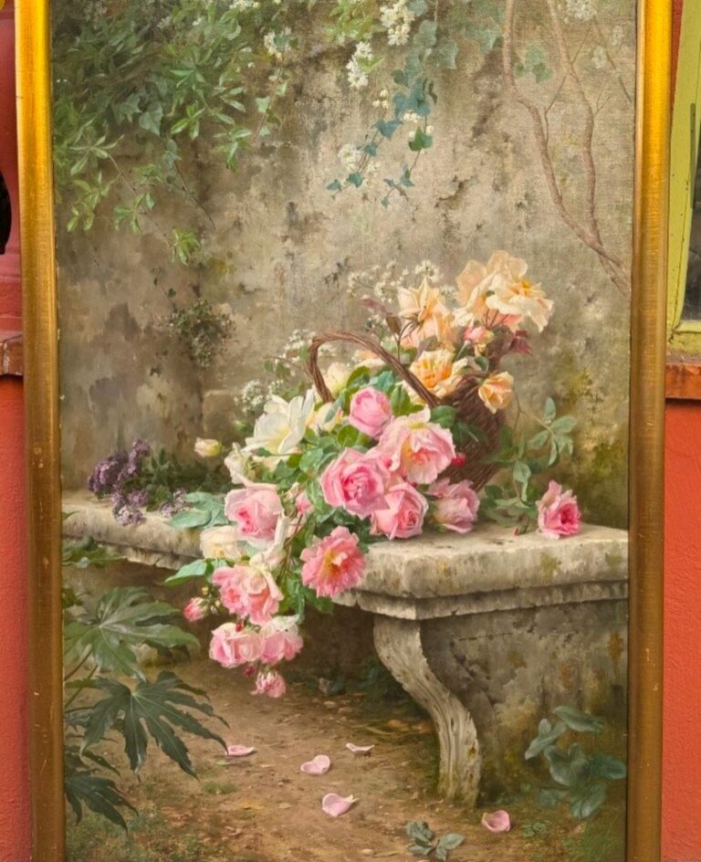 Still Life depicting a basket of roses on a bench,..
