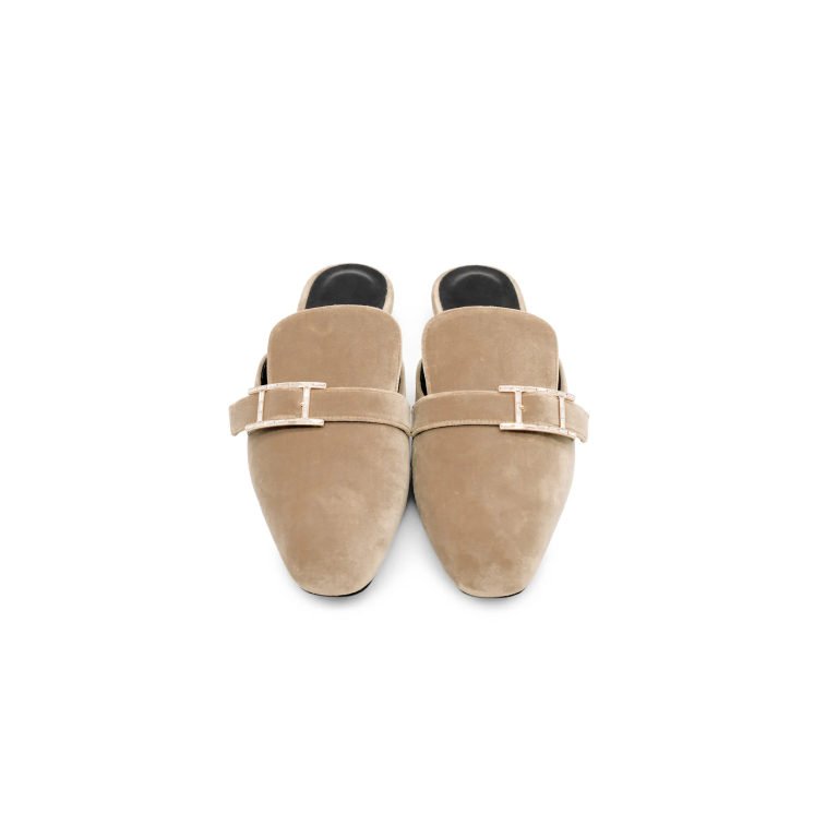 HERMÈS Beauty Mules – Beige Velvet with Rhinestone..