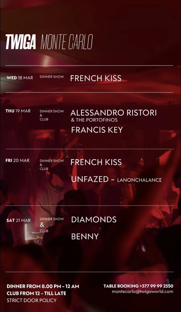 Weekly Line-up at Twiga Monte Carlo