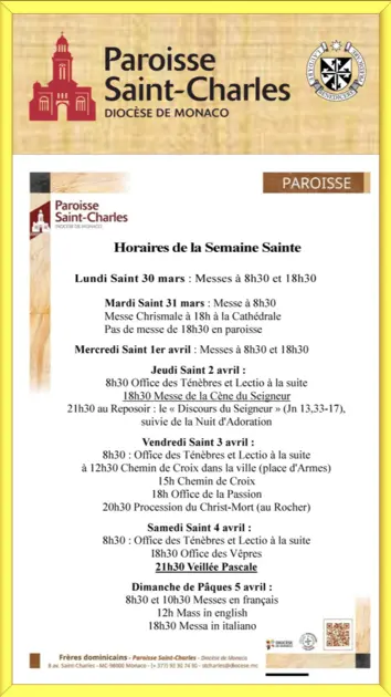 Horaires Semaine Sainte